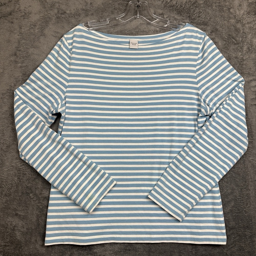 Garnet Hill Top Shirt Large Blue White Stripe Pima Cotton Boatneck Long Sleeve - Picture 1 of 10